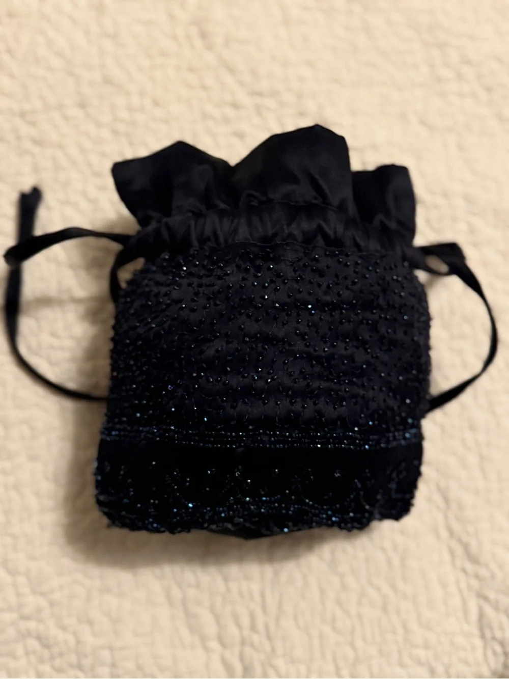 Black Drawstring Evening Pouch with sparkling black beading, Unbranded. 8” X 7”